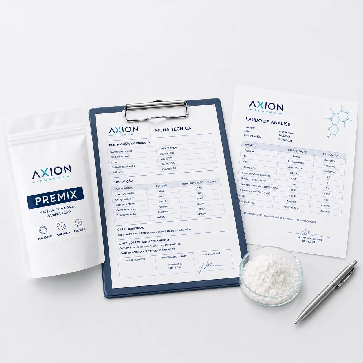 Identificação de lote e informações técnicas do produto AXION PHARMA