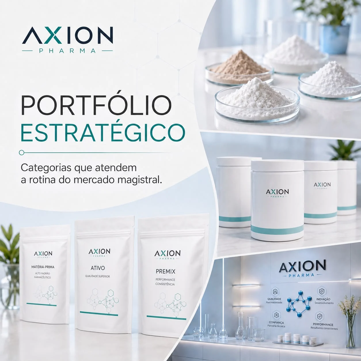 Pote de ativo AXION PHARMA sobre bancada clara